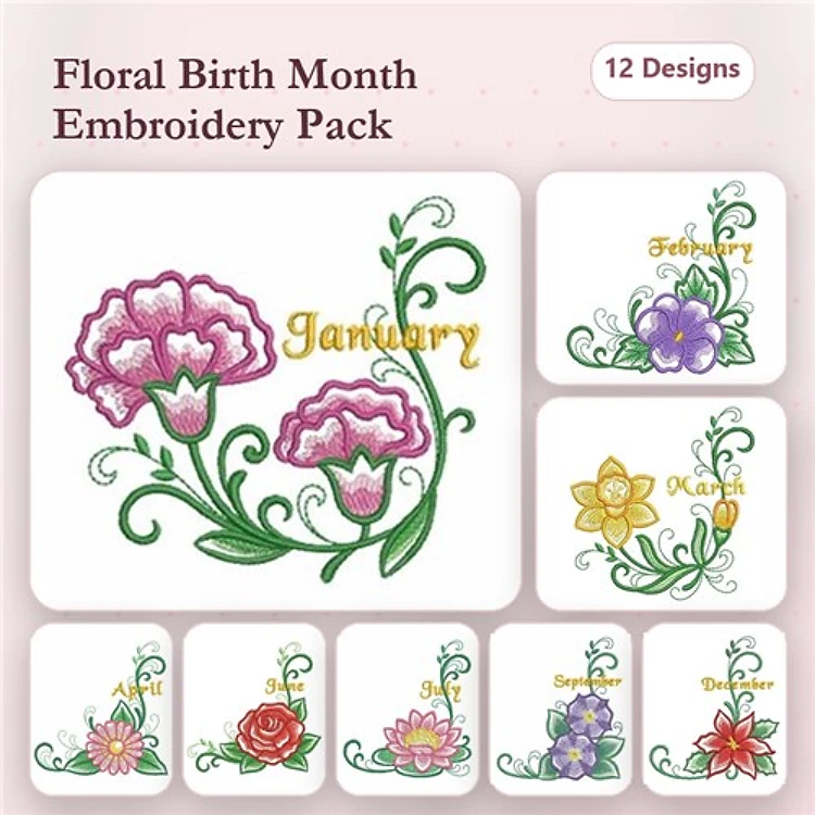 Floral Birth Month Embroidery Designs Bundle – Carnation, Violet, Daffodil & More (12 Designs)