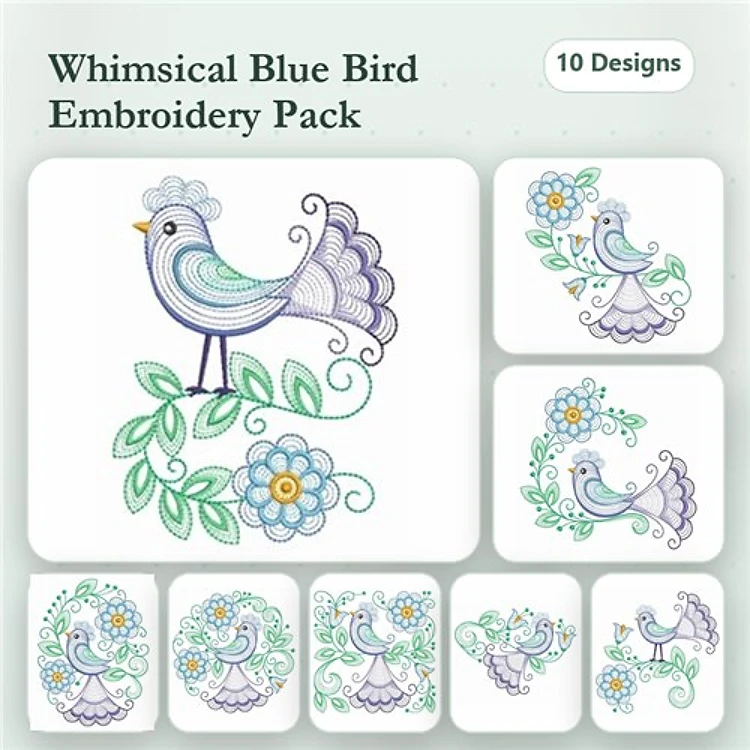 Rippled Blue Birds Embroidery Bundle – Blue Bird on Flower, Singing Blue Bird, Blue Bird with Floral Elements & More (10 Designs)