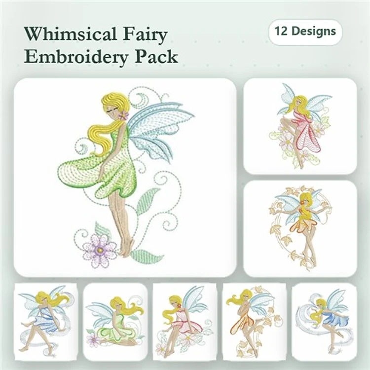 Rippled Fairy Embroidery Designs Bundle – Fairy with Flower, Fairy Dancing, Fairy with Wings & More (12 Designs)