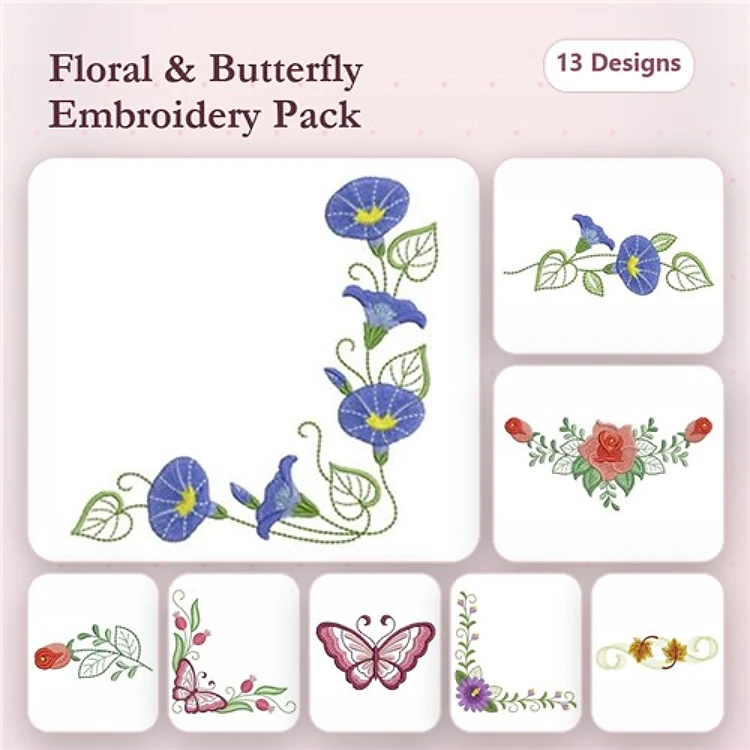 Floral & Butterfly Embroidery Designs Bundle – Morning Glory, Floral Wreath, Butterfly Corner & More (13 Designs)