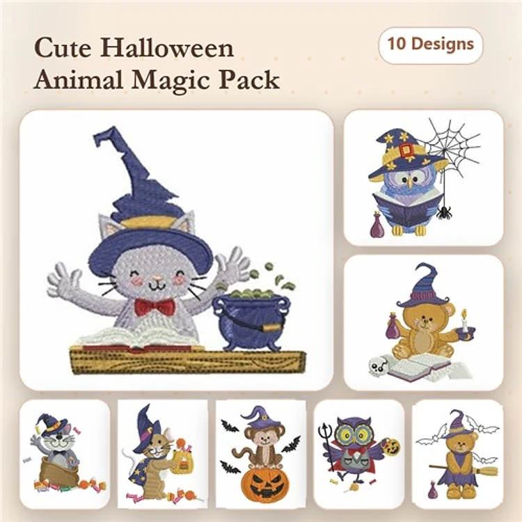 Halloween Animals Embroidery Bundle – Cat with Cauldron, Owl with Spellbook, Bear with Potion & More (10 Designs)