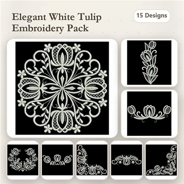 Redwork Elegant Tulip Embroidery Designs Bundle – Tulip Wreath, Tulip Flourish, Decorative Tulip & More (15 Designs)
