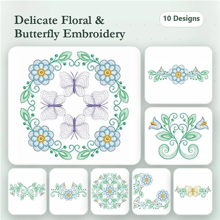 Rippled Floral & Butterfly Embroidery Designs Bundle – Butterfly Wreath, Floral Arrangement, & More (10 Designs)