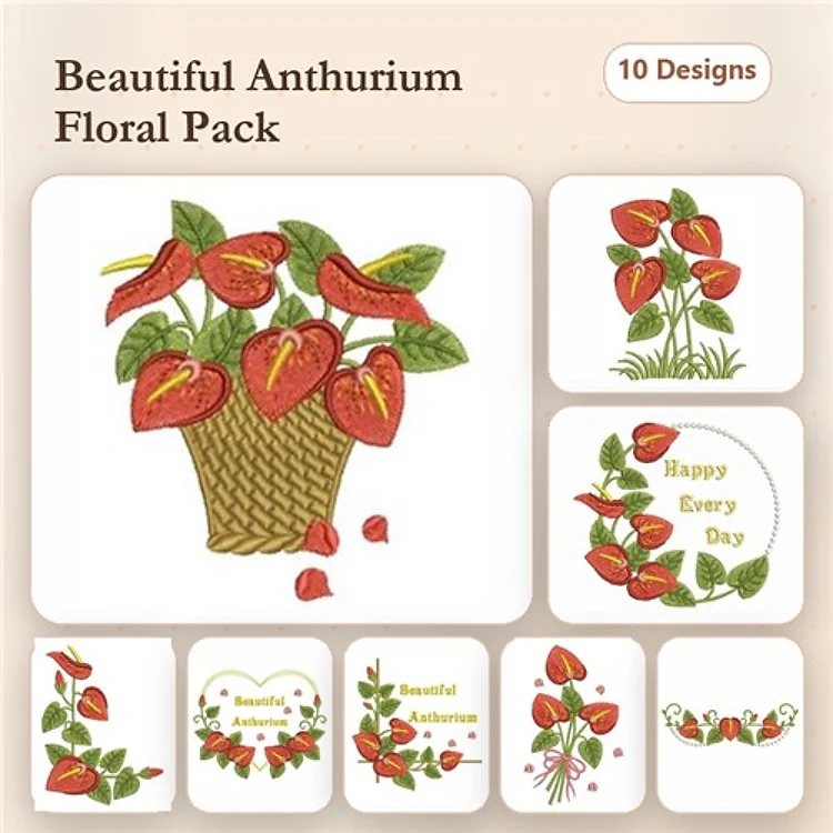 Anthurium Floral Embroidery Designs Bundle – Plant in Basket, Floral Arrangement, Bouquet & More (10 Designs)