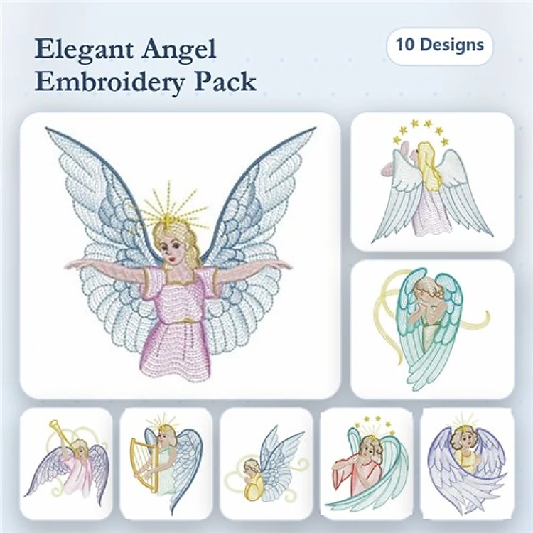 Rippled Angelic Figures Embroidery Bundle – Angel with Wings, Angel Playing Harp, Angel Holding Lantern & More (10 Designs)