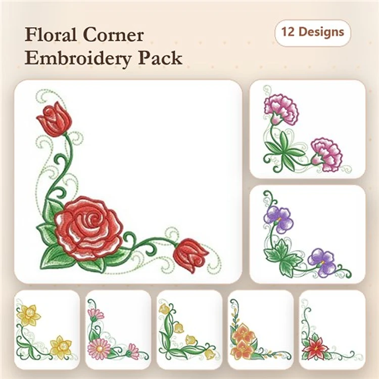 Floral Corner Embellishments Embroidery Bundle – Rose, Tulip, Violet, Daisy & More (12 Designs)