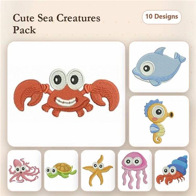 Adorable Sea Creatures Embroidery Bundle – Crab, Dolphin, Seahorse & More (10 Designs)