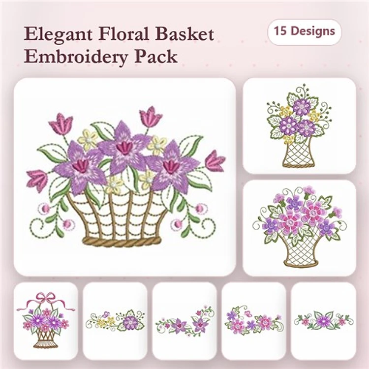 Floral Basket Embroidery Designs Bundle – Tulips, Mixed Flowers, Floral Arrangement & More (15 Designs)