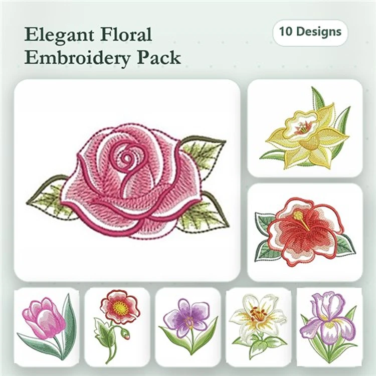 Elegant Floral Embroidery Designs Bundle – Pink Rose, Yellow Orchid, Hibiscus & More (10 Designs)