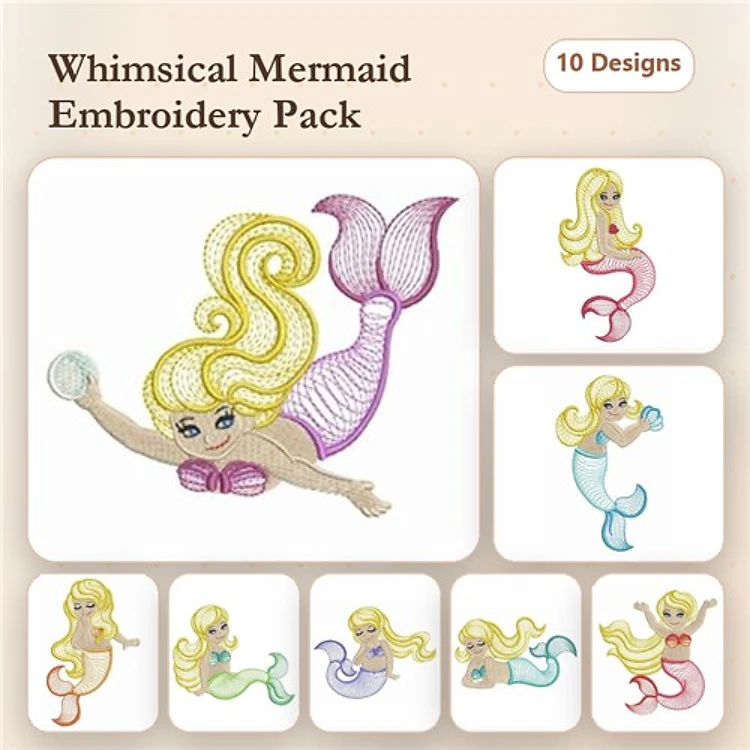 Rippled Mermaid Embroidery Designs Bundle – Mermaid with Shell, Mermaid Blowing Bubble, Mermaid with Pink Tail & More (10 Designs)