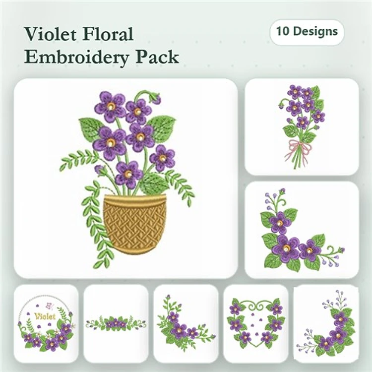 Violet Floral Embroidery Bundle – Potted Violet, Violet Bouquet, Cluster of Violets & More (10 Designs)