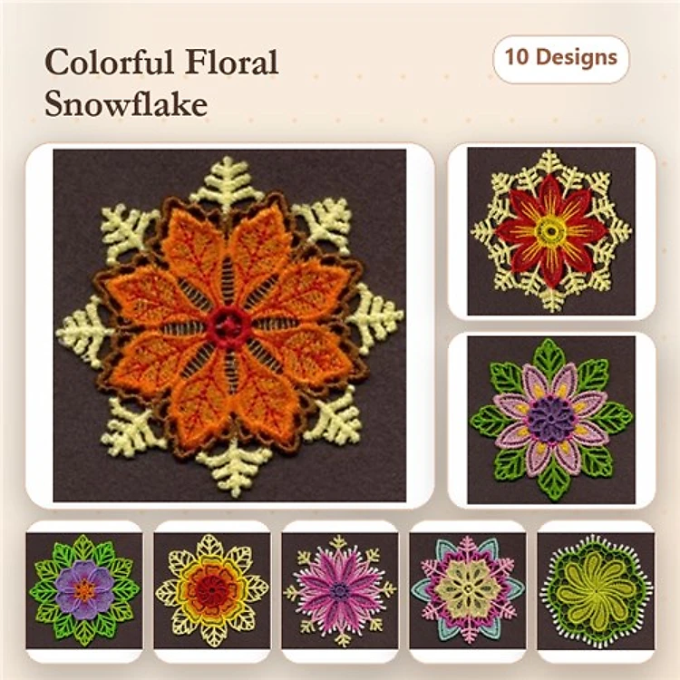 FSL Colorful Floral Snowflakes Embroidery Designs Bundle – Orange, Red, Purple Snowflakes & More (10 Designs)