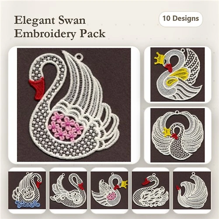 FSL Elegant Swan Embroidery Bundle – Swan Ornament with Rose, Swan with Crown, Floral Swan & More (10 Designs)