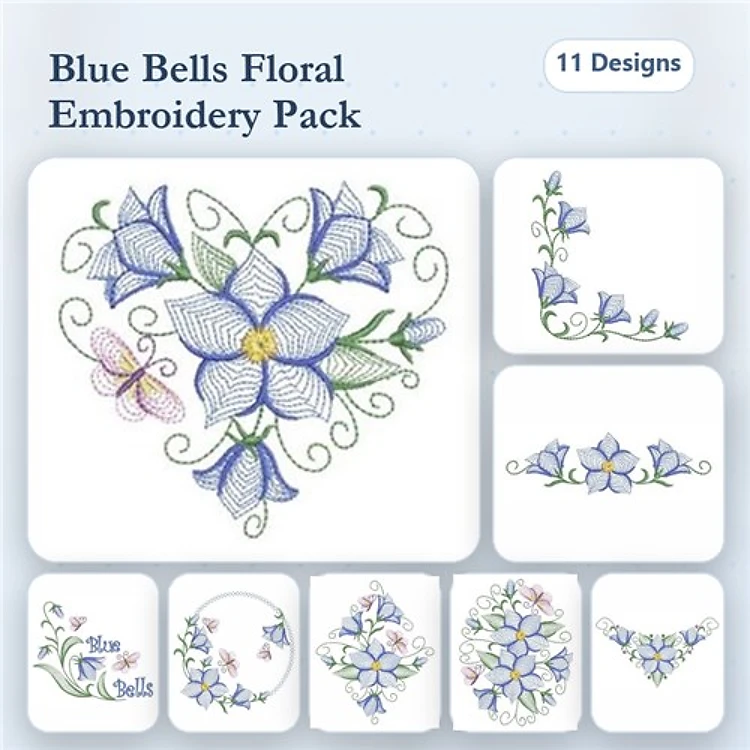 Rippled Blue Bells Floral Embroidery Bundle – Heart, Vine, Cluster & More (11 Designs)