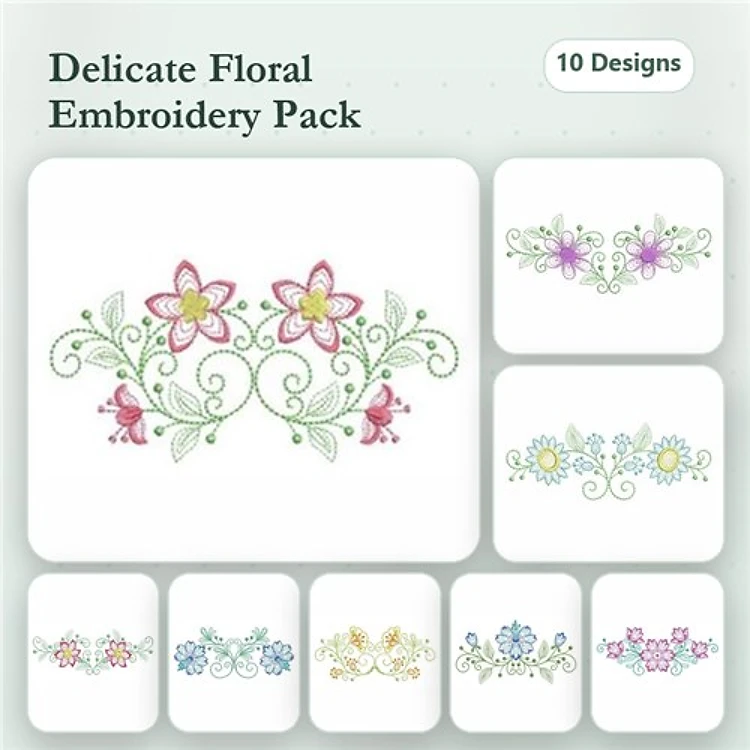 Rippled Floral Embroidery Designs Bundle – Pink and Purple Floral Vine, Blue and Yellow Floral Vine, & More (10 Designs)