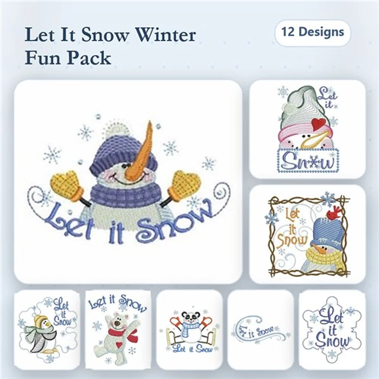 Winter-Themed Embroidery Designs Bundle – Snowman with Mittens, Let it Snow Script, Ice Skating Scene & More (12 Designs)