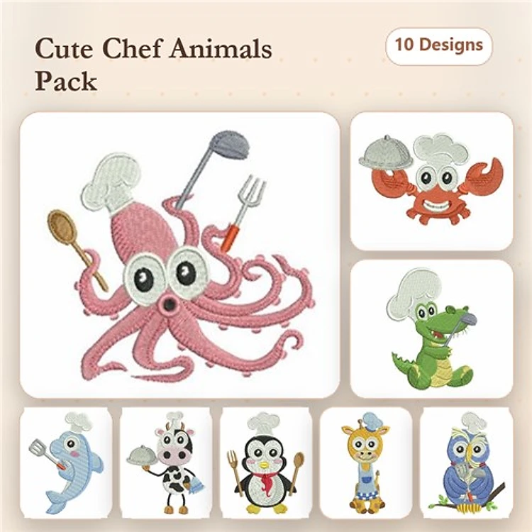 Chef-Themed Animals Embroidery Bundle – Octopus Chef, Crab Chef, Alligator Chef & More (10 Designs)