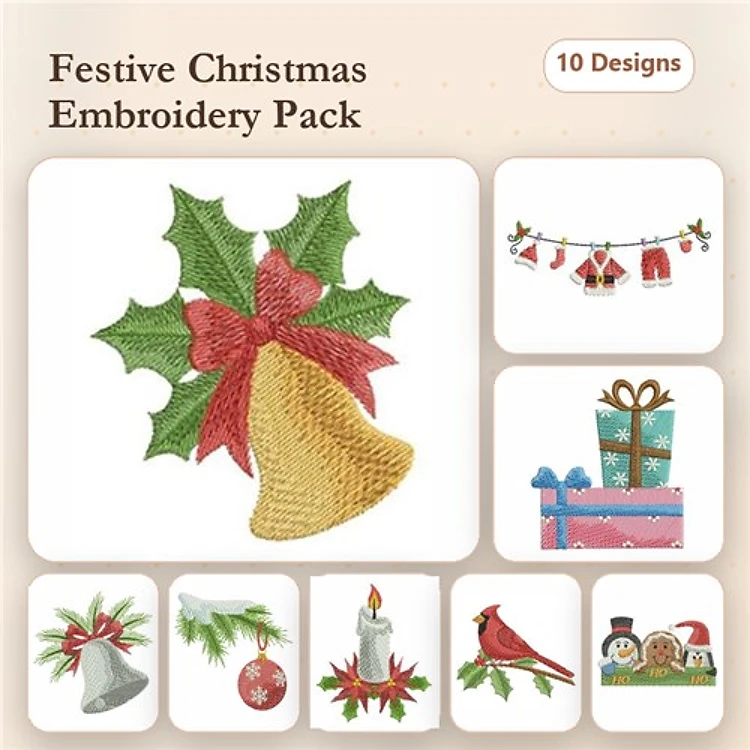 Christmas Embroidery Designs Bundle – Holly and Bell, Christmas Gift Box, Cardinal Bird & More (10 Designs)