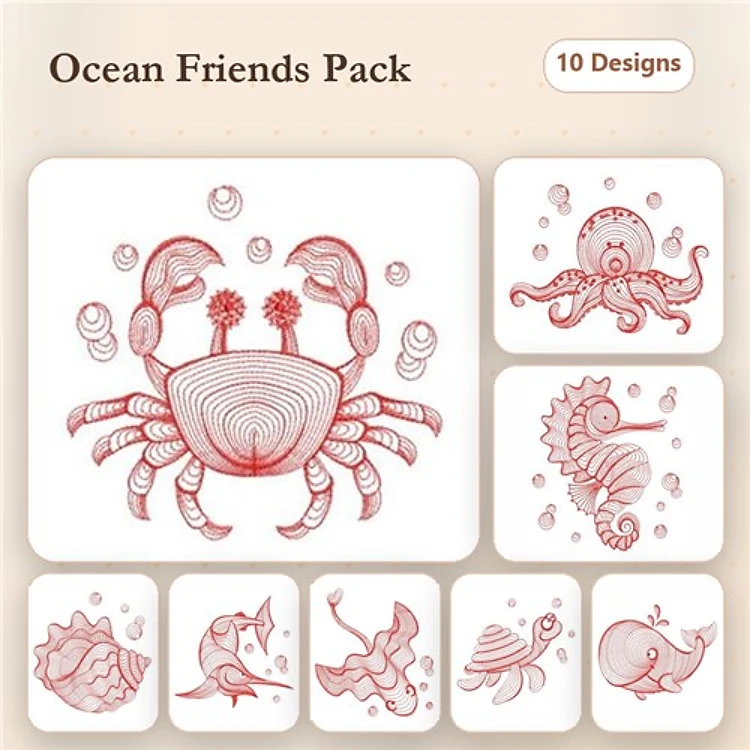 Redwork Ocean Creatures Embroidery Designs Bundle – Crab, Octopus, Seahorse & More (10 Designs)