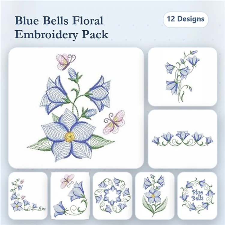 Rippled Blue Bell Florals Embroidery Designs Bundle – Blue Bell Arrangement, Cluster, Wreath & More (12 Designs)