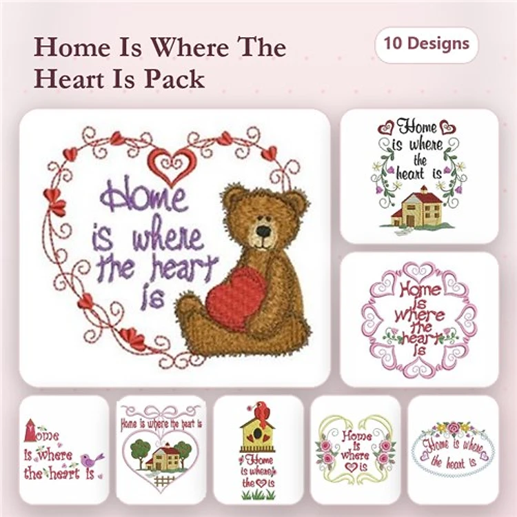 Home-Themed Embroidery Bundle – Bear with Heart, Welcome Home, Home Sweet Home & More (10 Designs)