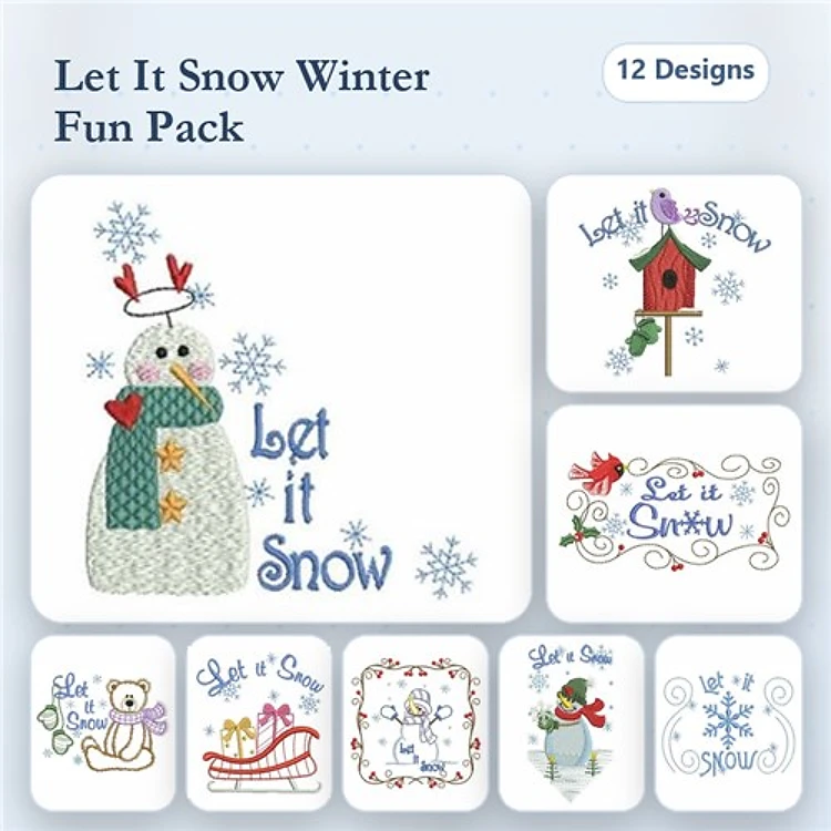 Winter Wonderland Embroidery Designs Bundle – Snowman with Scarf, Let It Snow, Bear with Scarf & More (12 Designs)