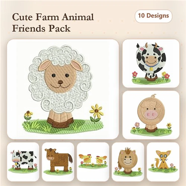 Farm Animal Embroidery Bundle – Sheep, Cow, Pig & More (10 Designs)