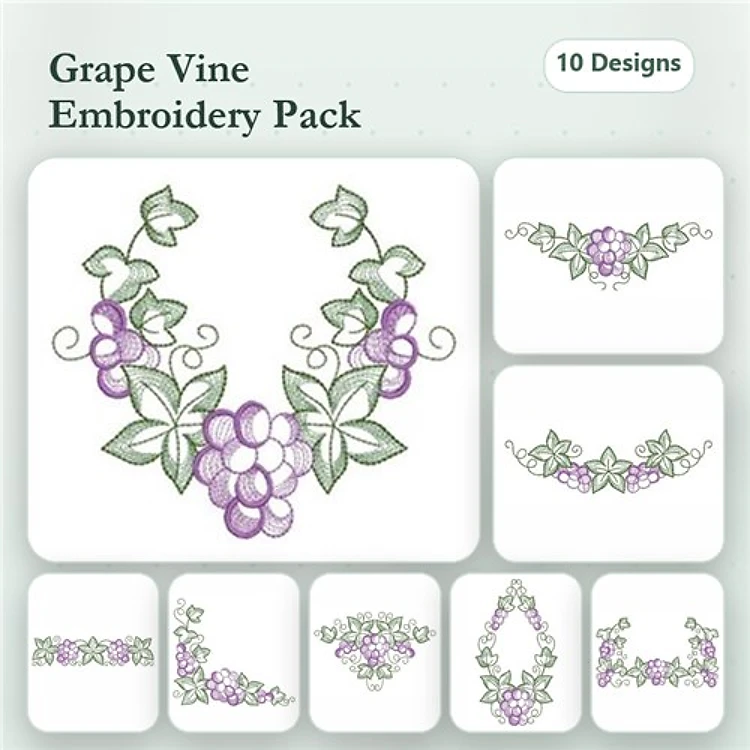 Grape Vine Embroidery Designs Bundle – Grape Vine Wreath, Grapes with Leaves, Vine Decoration & More (10 Designs)