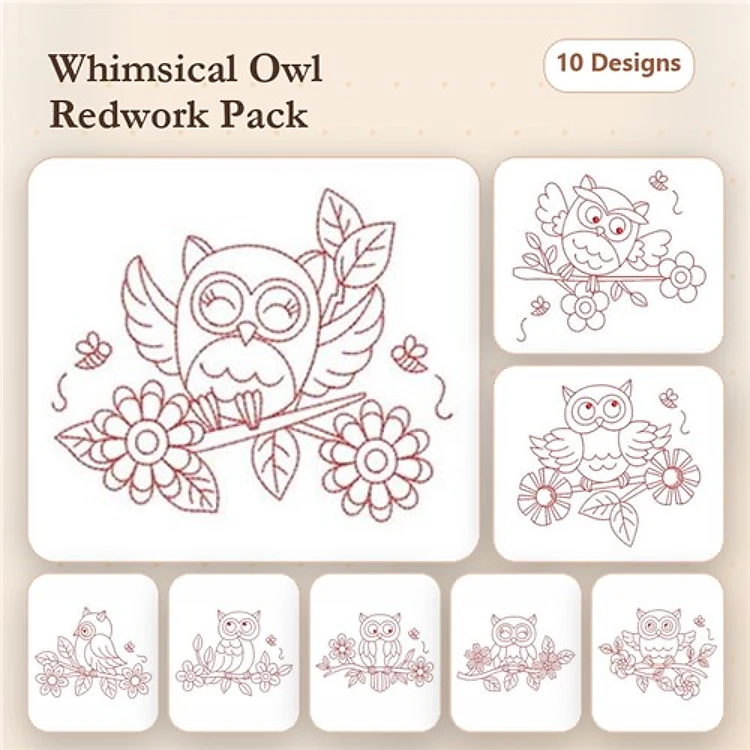 Redwork Whimsical Owls Embroidery Designs Bundle – Owl on Branch, Owl with Glasses, Owl Family & More (10 Designs)