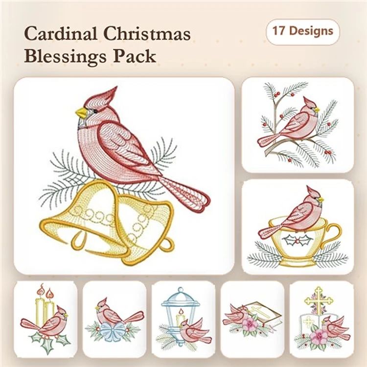 Rippled Cardinal Christmas Embroidery Designs Bundle – Cardinal with Candle, Cardinal on Bell, Cardinal with Wreath & More (17 Designs)