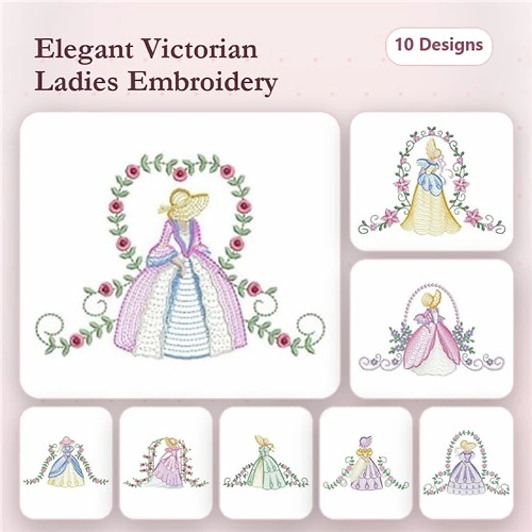 Rippled Elegant Victorian Ladies Embroidery Bundle – Victorian Lady with Pink Dress, Floral Frame, Bouquet & More (10 Designs)