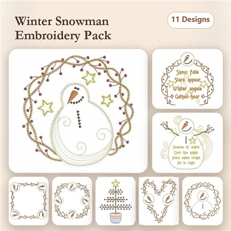 Redwork Winter Snowman Embroidery Designs Bundle – Snowman with Wreath, Christmas Tree, Winter Wishes Banner & More (11 Designs)