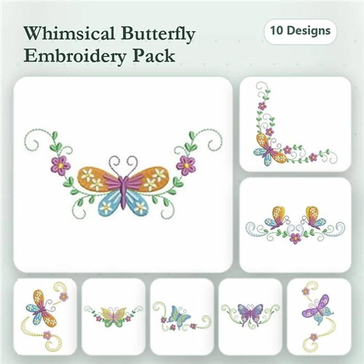 Rippled Butterfly Embroidery Bundle – Whimsical Butterfly with Flowers, Butterfly with Floral Vine, Decorative Floral Corner & More (10 Designs)