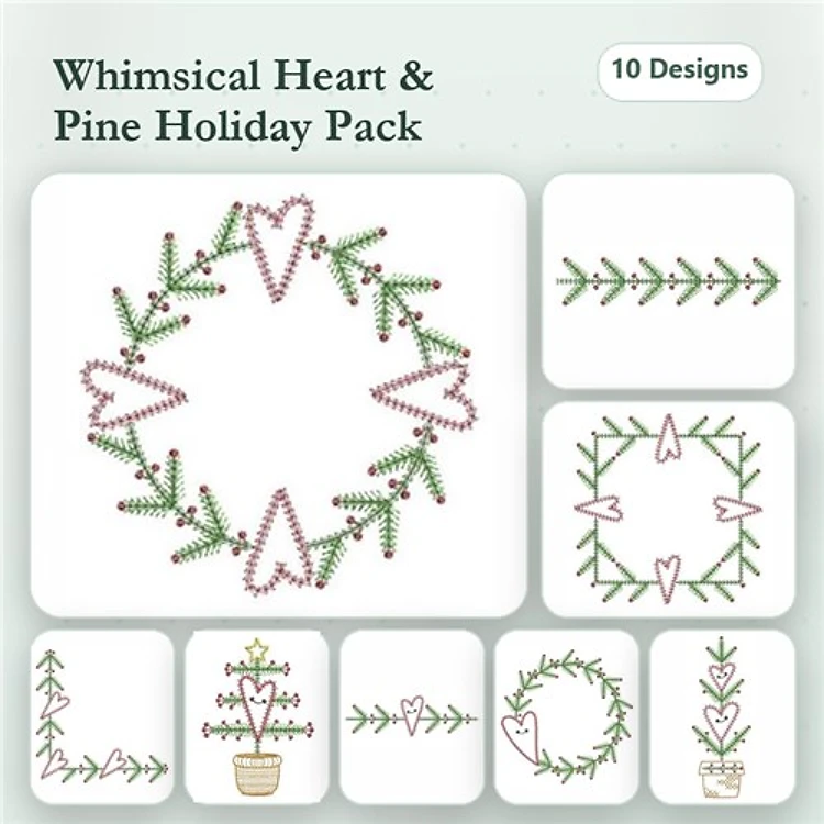 Redwork Whimsical Hearts & Pine Embroidery Designs Bundle – Pine Wreath, Decorative Pot, Heart Garland & More (10 Designs)