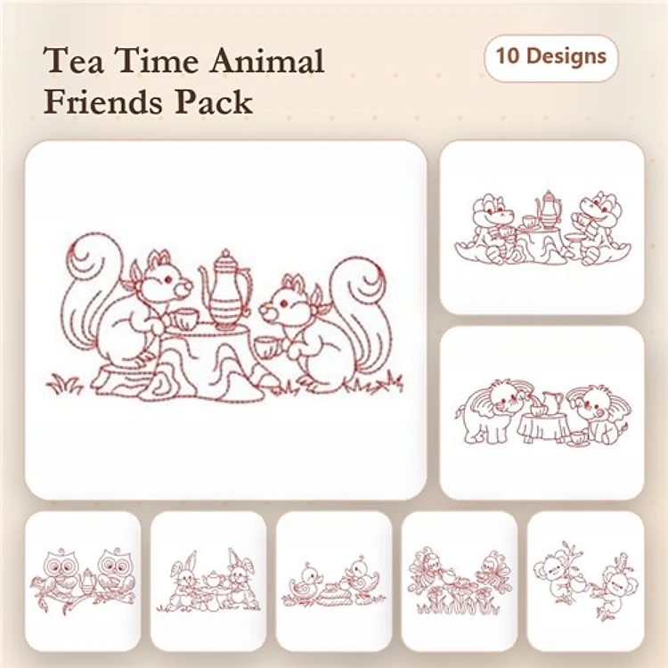 Redwork Tea Time with Animals Embroidery Designs Bundle – Squirrels Tea Time, Bunnies Tea Time, Animal Friends Gathering & More (10 Designs)