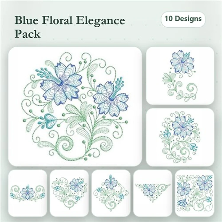 Rippled Floral Embroidery Designs Bundle – Elegant Swirls, Blue Floral Cluster, Corner Floral Accent & More (10 Designs)