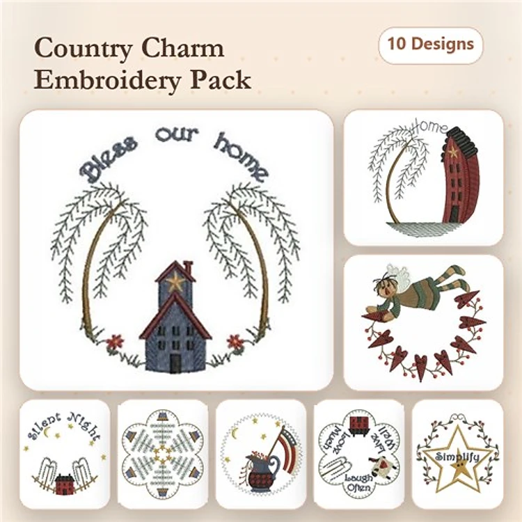 Country Home Embroidery Designs Bundle – Bless Our Home, House with Trees, Angel with Stars & More (10 Designs)