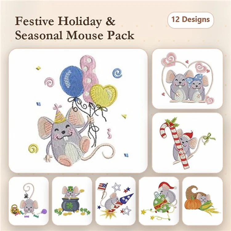 Festive Mice Embroidery Designs Bundle – Mouse with Balloons, Candy Cane, Pumpkin & More (12 Designs)