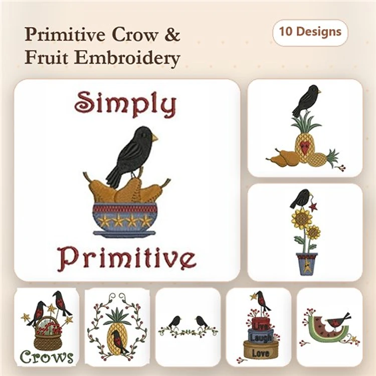 Primitive Crow & Fruit Embroidery Bundle – Crow in Bowl, Sunflower Plant, Crow with Apples & More (10 Designs)