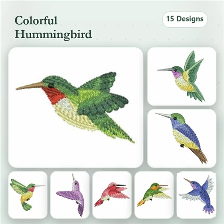 Colorful Hummingbirds Embroidery Bundle – Green, Ruby-throated, Purple & More (15 Designs)