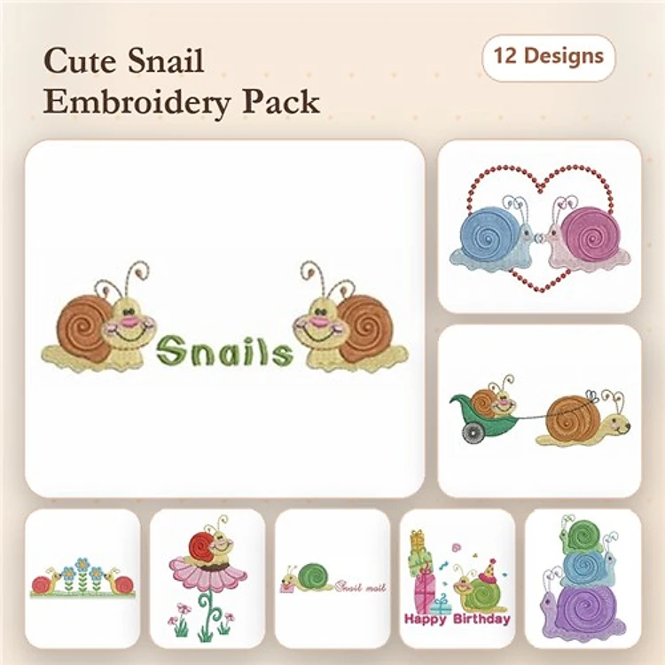 Cute Snails Embroidery Bundle – Snail with Flower, Snail Family, Snail in a Wheelbarrow & More (12 Designs)