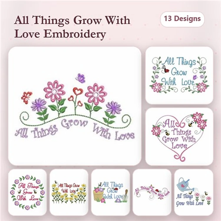 Floral and Love Embroidery Designs Bundle – Floral Bouquet, Heart with Text, Flower Wreath & More (13 Designs)
