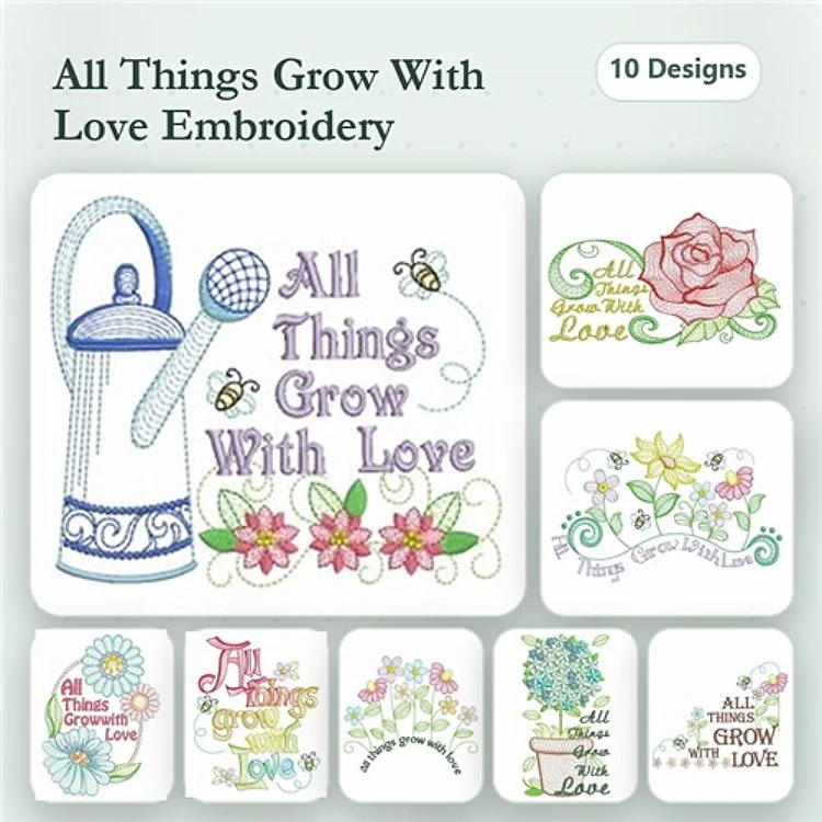 Gardening and Nature Embroidery Designs Bundle – Watering Can with Flowers, Rose, Bee and Flower & More (10 Designs)