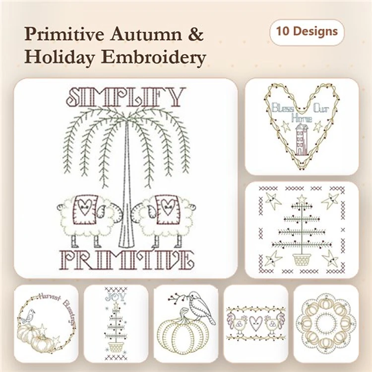 Redwork Primitive Autumn Embroidery Bundle – Sheep with Tree, Holiday Tree, Decorative Pumpkin & More (10 Designs)