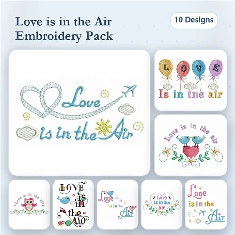 Love & Air Embroidery Designs Bundle – Love is in the Air with Airplane, Love Balloons, Heart with Crab & More (10 Designs)