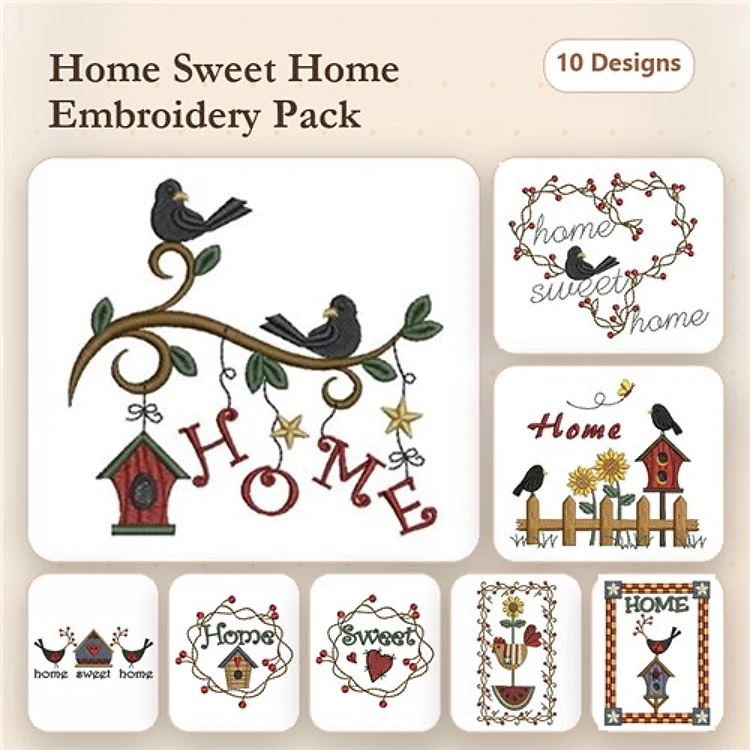 Home and Nature-Themed Embroidery Bundle – Bird House, Home Sweet Home, Floral Home & More (10 Designs)