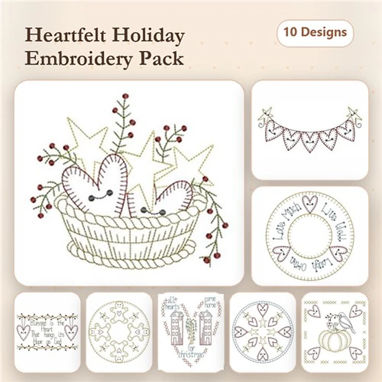 Redwork Heartfelt Holiday Embroidery Bundle – Basket with Hearts, Love You Circle, & More (10 Designs)