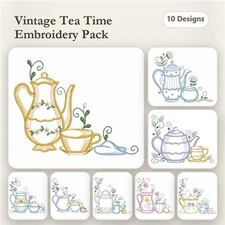 Rippled Vintage Tea Time Embroidery Designs Bundle – Tea Pot with Flowers, Tea Cup with Flower & More (10 Designs)