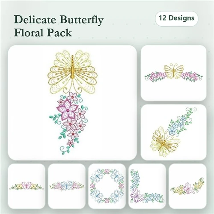 Delicate Butterfly Floral Embroidery Bundle – Butterfly with Flowers, Floral Butterfly, Butterfly Garden & More (12 Designs)