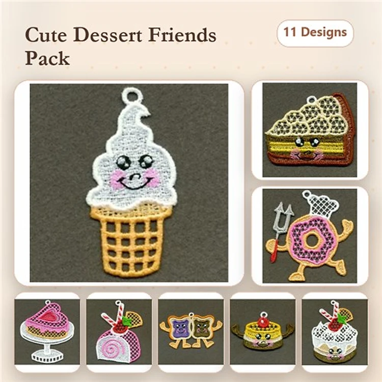 FSL Dessert Characters Embroidery Designs Bundle – Ice Cream Cone, Chocolate Cake, Cupcake & More (11 Designs)